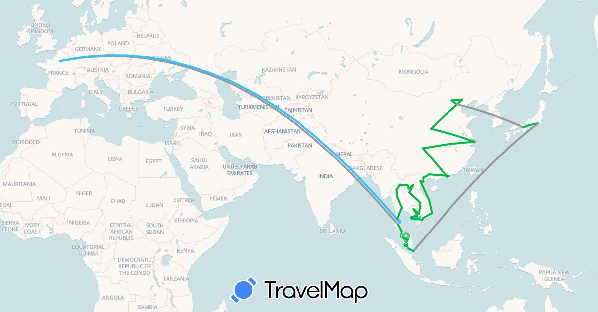 TravelMap itinerary: bus, plane, boat in China, France, Japan, Cambodia, Laos, Malaysia, Singapore, Thailand, Vietnam (Asia, Europe)